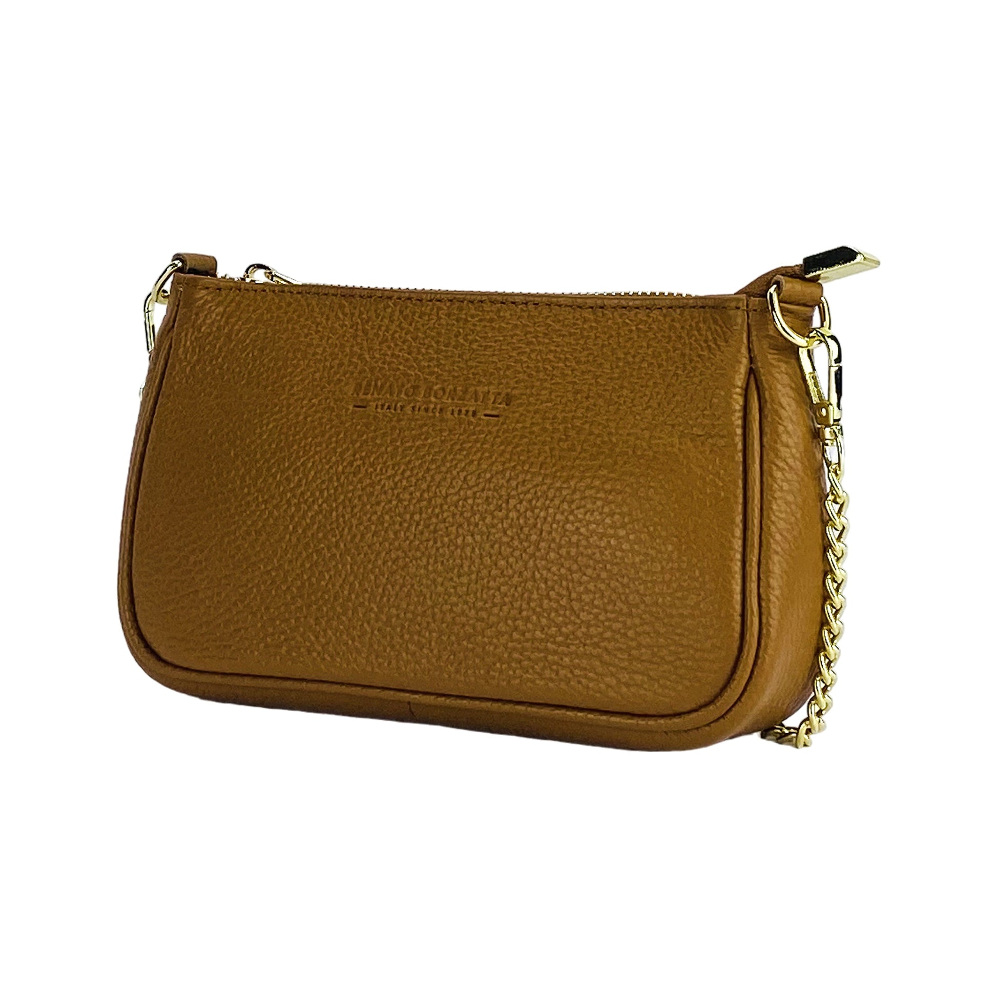 RB1022S | Small Genuine Leather Bag Made in Italy with Removable Chain Shoulder Strap. Zip Closure and Polished Gold Metal Accessories. Cognac Color. Dimensions: 20 x 12 x 6 cm.-0