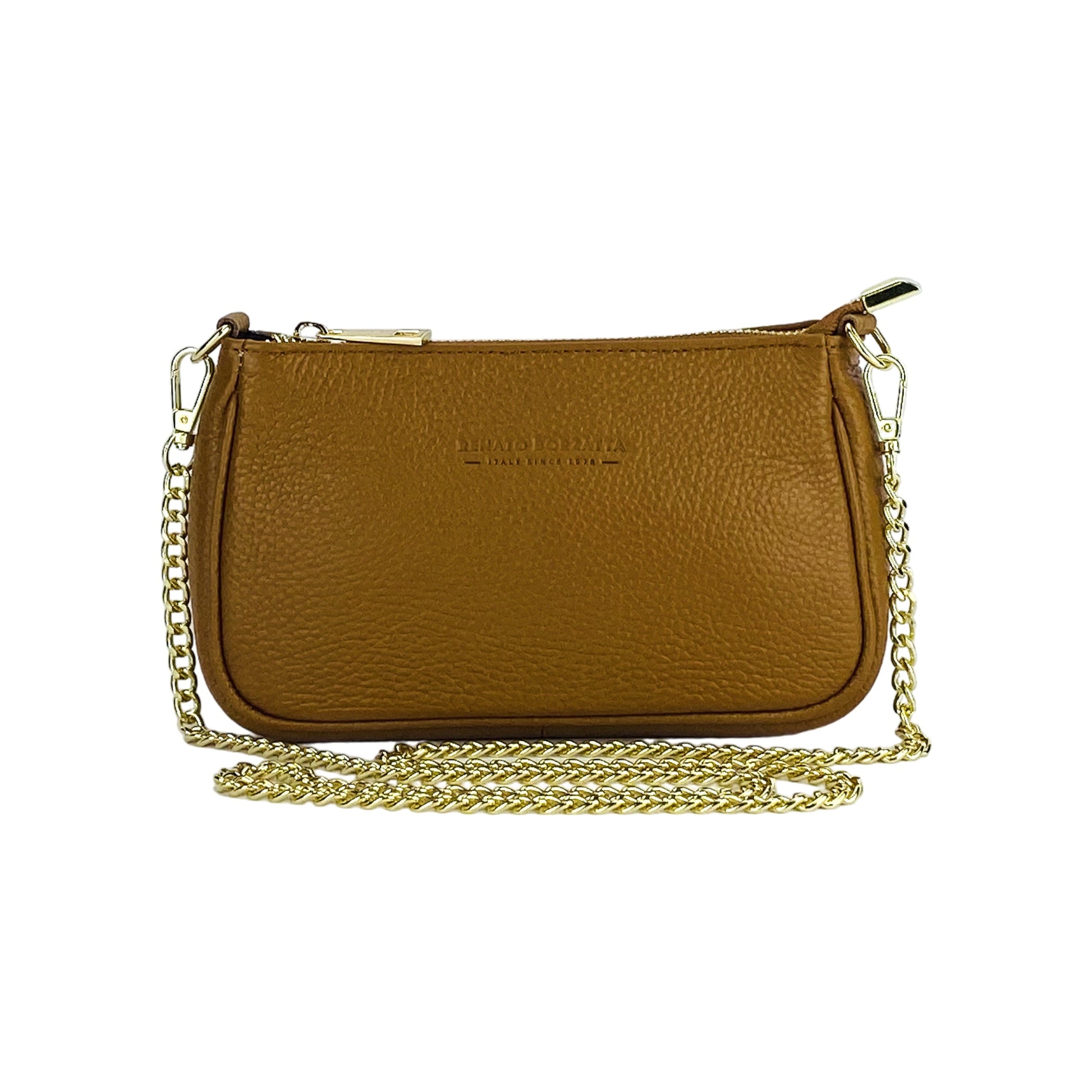 RB1022S | Small Genuine Leather Bag Made in Italy with Removable Chain Shoulder Strap. Zip Closure and Polished Gold Metal Accessories. Cognac Color. Dimensions: 20 x 12 x 6 cm.-1