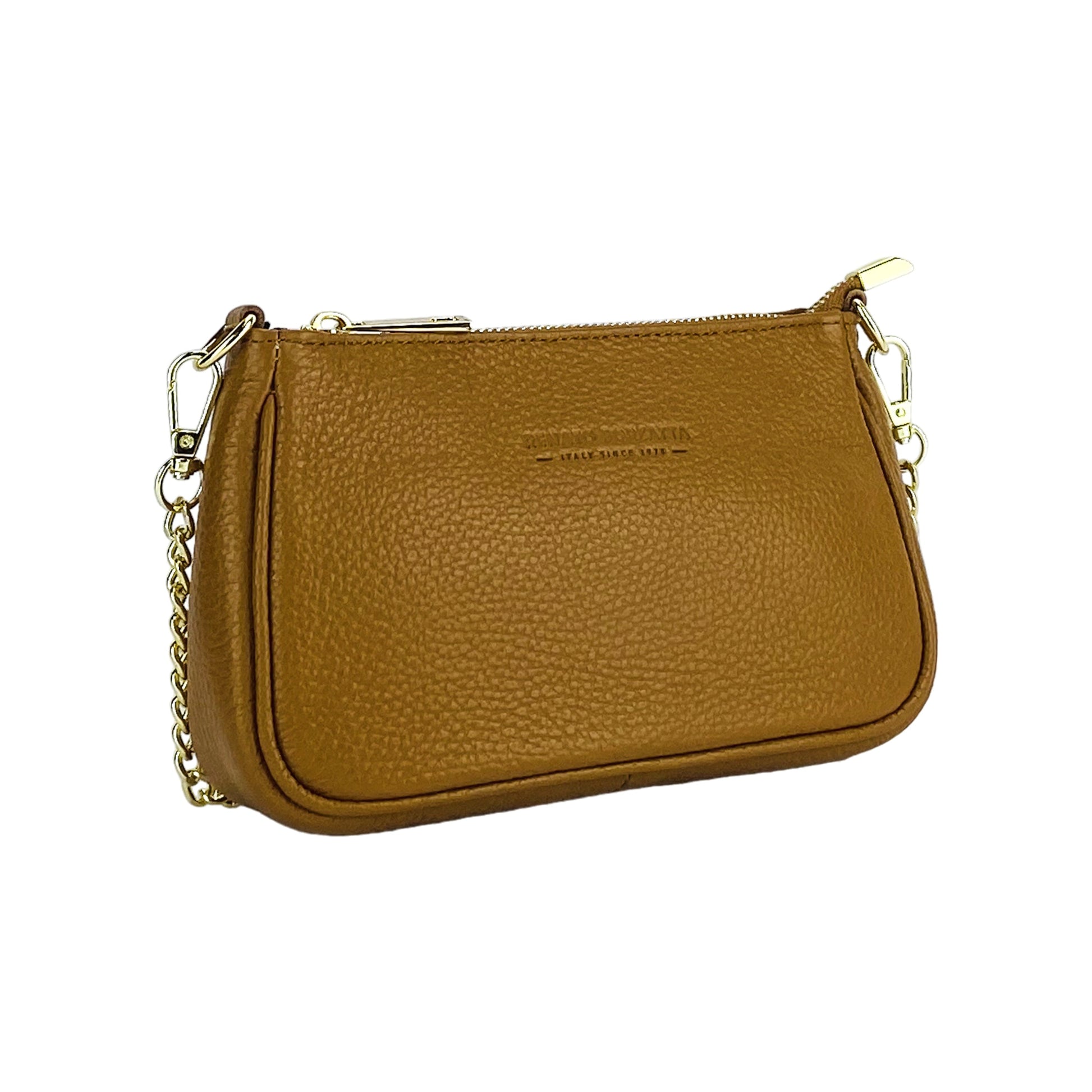 RB1022S | Small Genuine Leather Bag Made in Italy with Removable Chain Shoulder Strap. Zip Closure and Polished Gold Metal Accessories. Cognac Color. Dimensions: 20 x 12 x 6 cm.-2