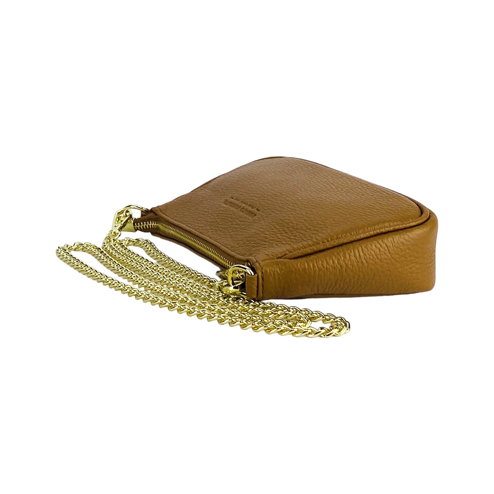 RB1022S | Small Genuine Leather Bag Made in Italy with Removable Chain Shoulder Strap. Zip Closure and Polished Gold Metal Accessories. Cognac Color. Dimensions: 20 x 12 x 6 cm.-3