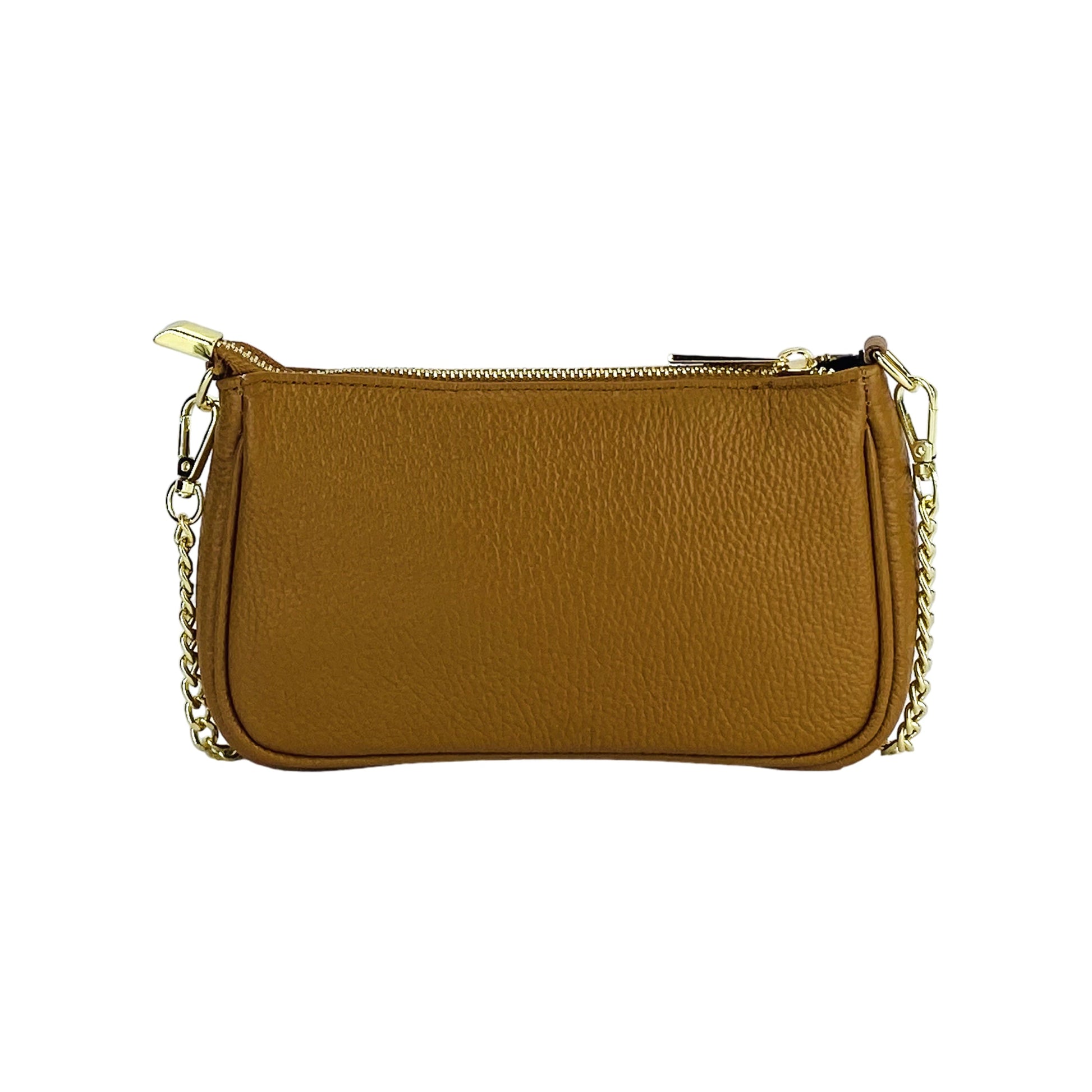 RB1022S | Small Genuine Leather Bag Made in Italy with Removable Chain Shoulder Strap. Zip Closure and Polished Gold Metal Accessories. Cognac Color. Dimensions: 20 x 12 x 6 cm.-4